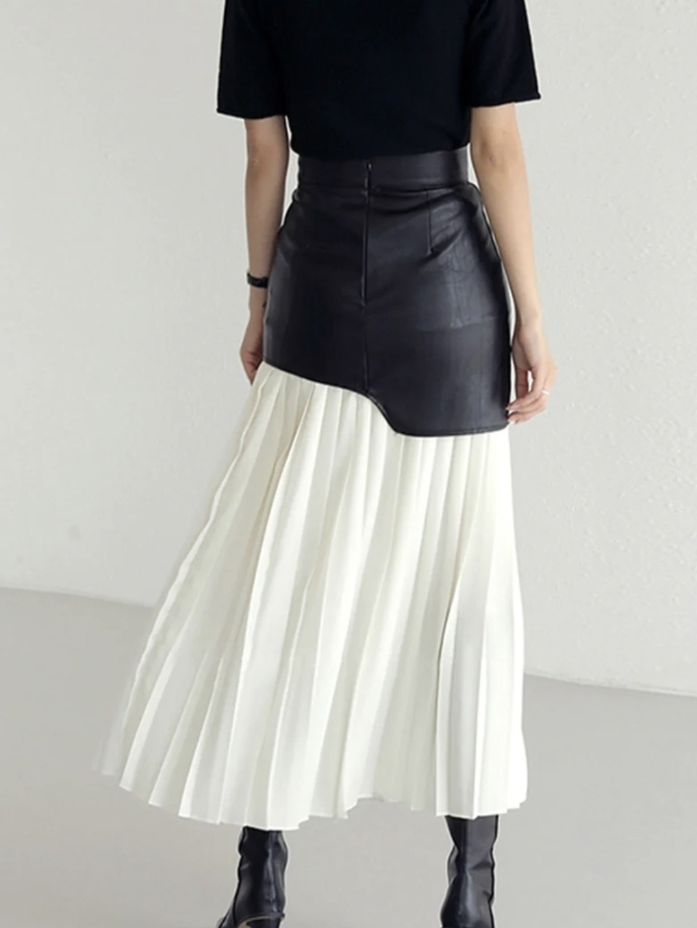 NWT Commense Asymmetric Patchwork Faux Leather Chiffon Pleated Maxi Skirt - Picture 4 of 5